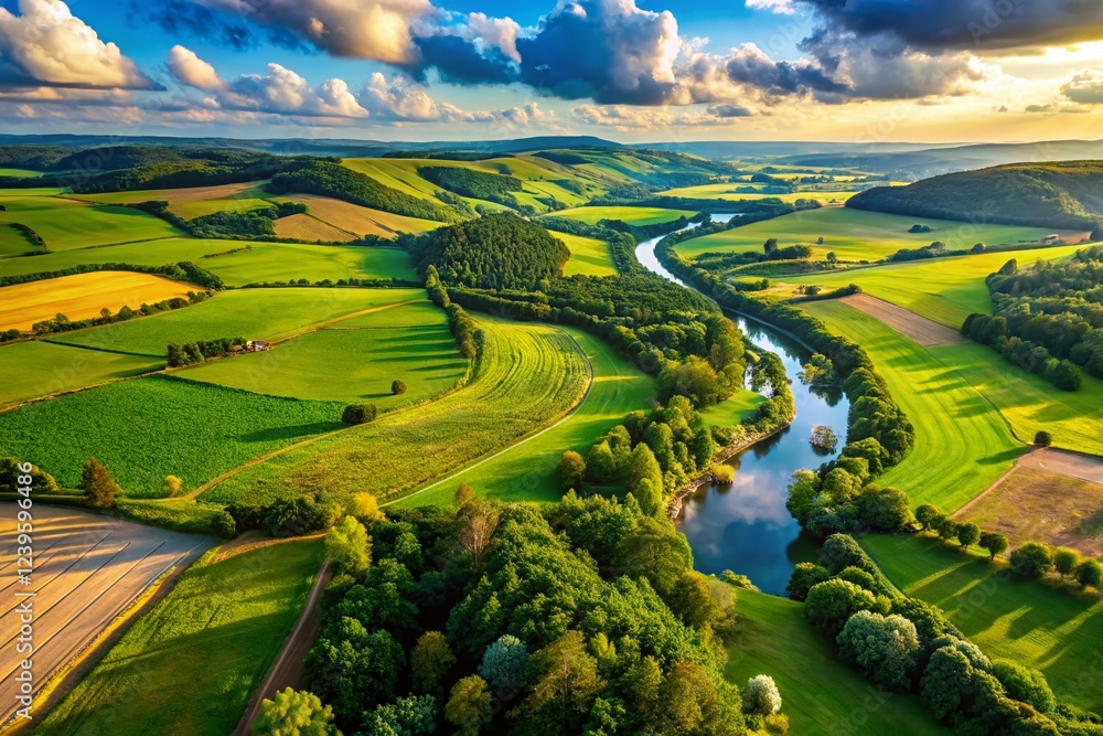 Fototapeta premium Aerial View of Lush Green Landscape, Rolling Hills and Countryside