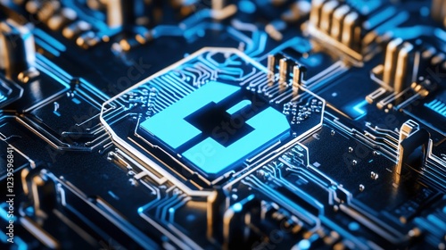 Glowing Blue Microchip Symbol on Complex Circuit Board Background