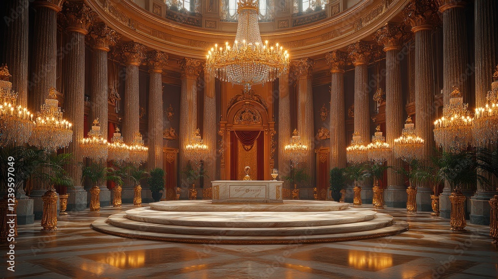 Fototapeta premium Palace Ballroom Interior Sunlit marble altar, opulent chandeliers, classical columns, and potted plants