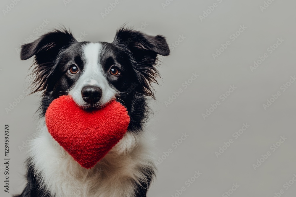 The scene features a border collie puppy joyfully carrying a red heart in its mouth, portrayed in a funny and cute manner on a white background with a close-up, emphasizing the dog's loving gesture