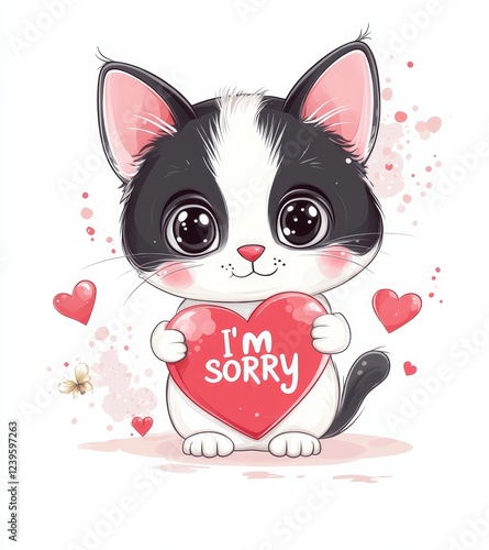 A cute but melancholic cat with an apologetic look, paired with a red heart that says 