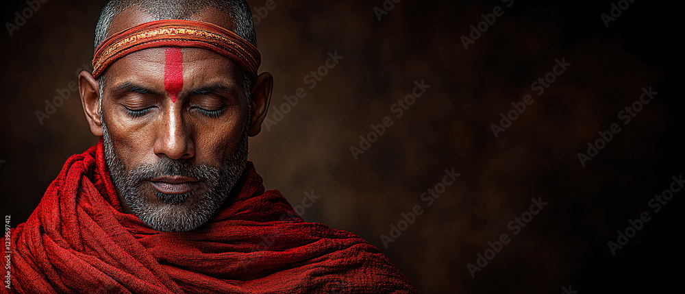 Obraz premium Portrait of a spiritual man with a red robe and sacred forehead mark in deep meditation. Generated with AI.