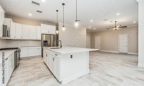 Wallpaper Mural Bright White Modern Kitchen Interior With Open Floor Plan and Wood Flooring, keywords [ Torontodigital.ca