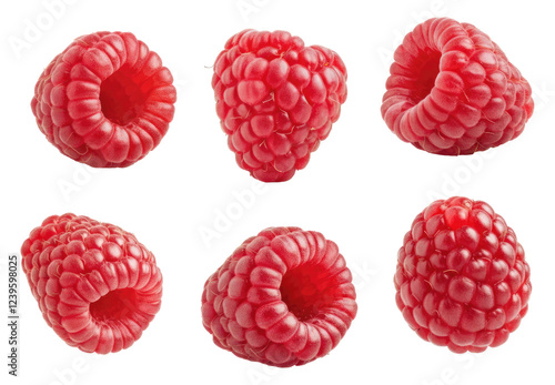 Six fresh, red raspberries isolated on transparent background