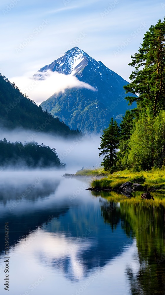 Misty Mountain Lake Reflection at Sunrise Misty Mountain Lake Reflection at Sunrise