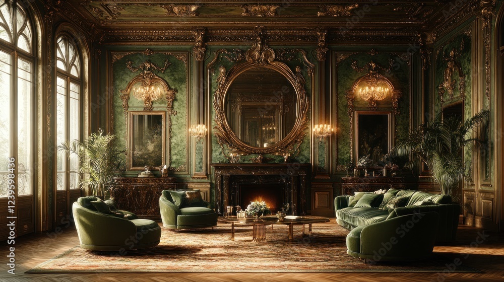 Obraz premium Luxurious Green Living Room, Parisian Mansion, Interior Design, Fireplace, Sunlight