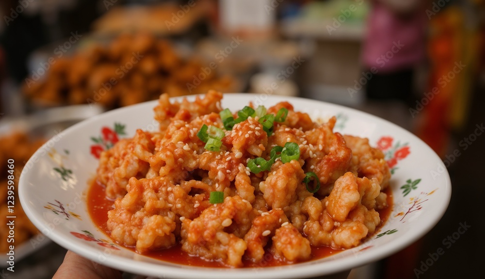 Korean street food, crispy tteokbokki rice cakes in a rich red gochujang sauce, served on a white plate with sesame seeds and green onions, street market stall setting, lively and vibrant Korean street food, crispy tteokbokki rice cakes in a rich red gochujang sauce, served on a white plate with sesame seeds and green onions, street market stall setting, lively and vibrant