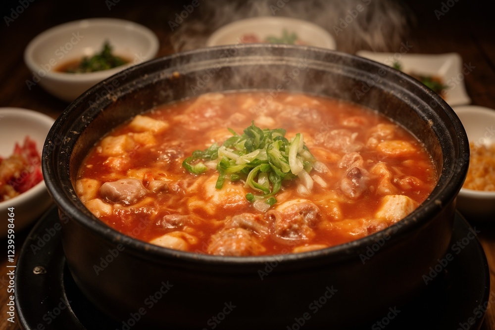 Traditional Korean cuisine, steaming hot bowl of kimchi jjigae with tofu and green onions on rustic wooden background Traditional Korean cuisine, steaming hot bowl of kimchi jjigae with tofu and green onions on rustic wooden background