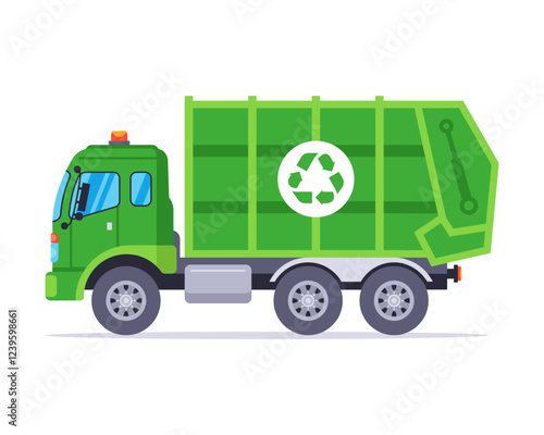 Green garbage truck takes out garbage in the city. City special equipment.