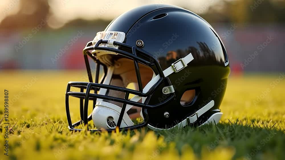 Black football helmet on green grass in a stadium Black football helmet on green grass in a stadium