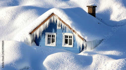 Dramatic close-up of a house partially buried in snow, icicles hanging from the roof as the avalanche settles around it photo