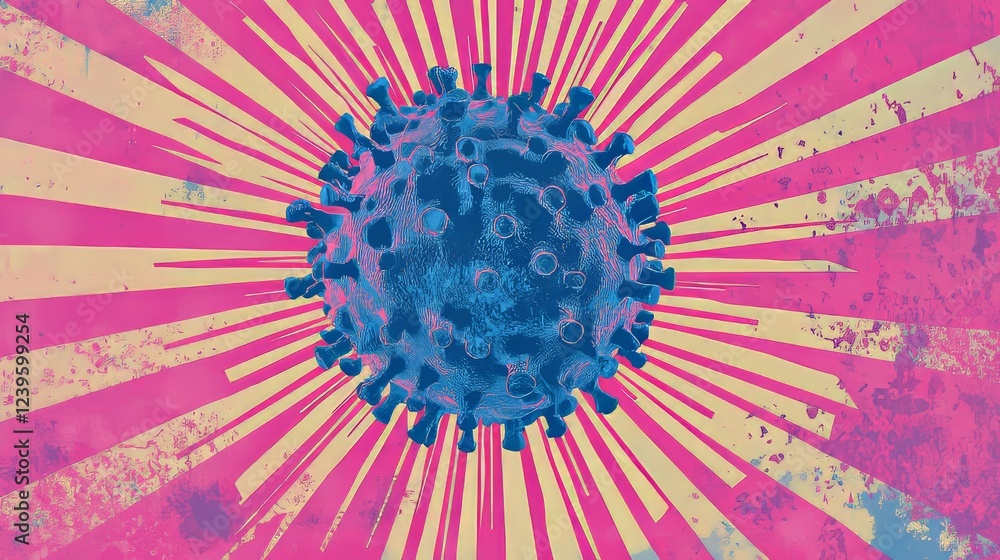 Obraz premium Corona virus cell illustrated in cyan and magenta, surrounded by radiating halftone patterns, clean pop art design