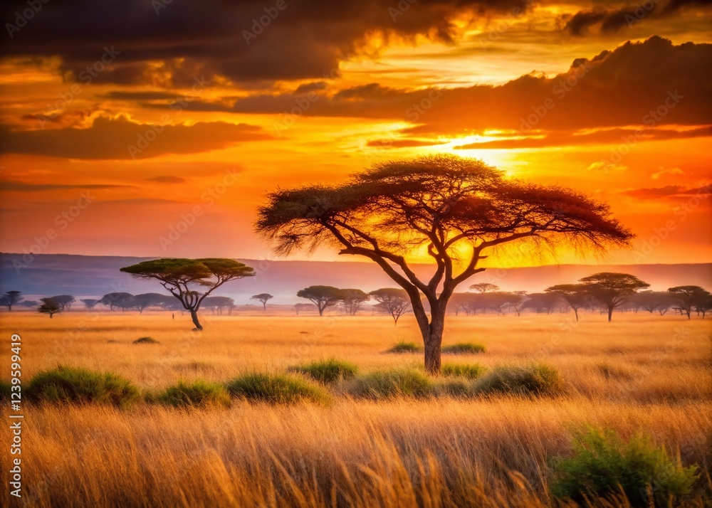 Fototapeta premium African Savanna Sunset Landscape: Golden Grasslands & Distant Acacia Trees
