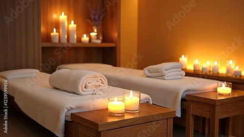 Spa treatment room with massage beds and glowing candles