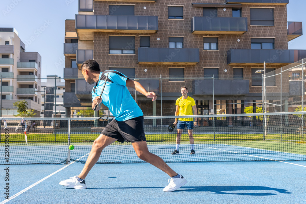 Obraz premium Pickleball players enjoying a sunny match on a blue court