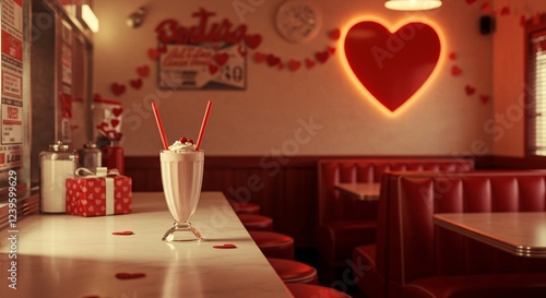 Retro diner Valentine a milkshake with two straws, a big red heart sign on the wall, gift box2 photo