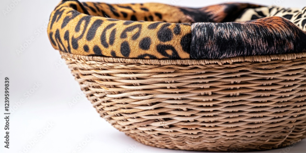 Obraz premium A woven basket with a leopard print cover. The basket is empty. The basket is brown and white