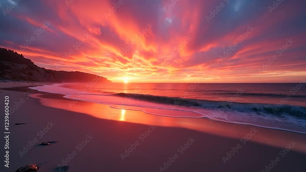 Vivid sunset over a beach with waves and colorful clouds Vivid sunset over a beach with waves and colorful clouds