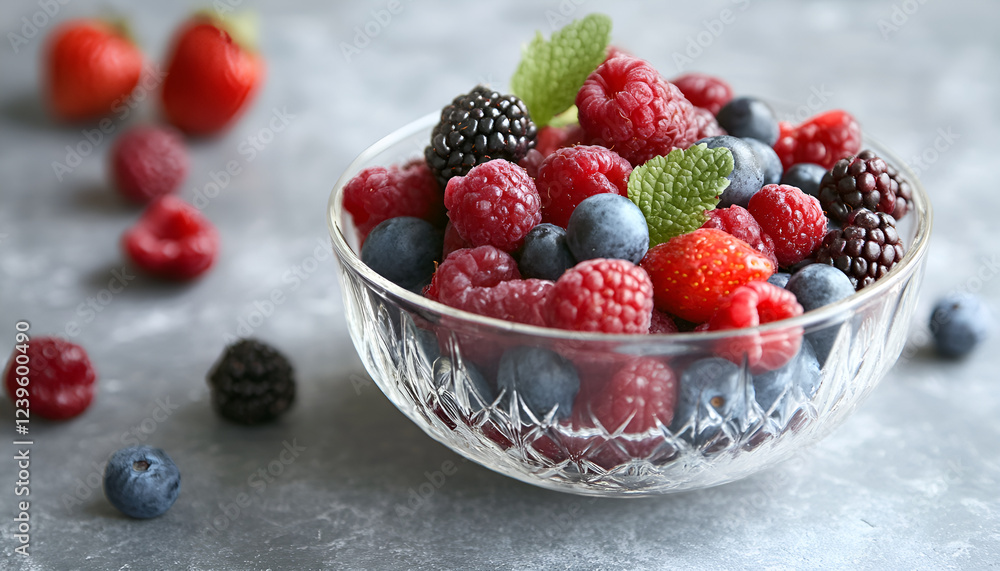 Fresh acai berries in glass bowl on grey table, closeup Fresh acai berries in glass bowl on grey table, closeup
