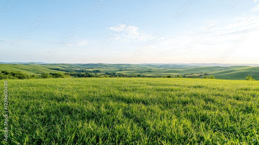 Fototapeta premium Rolling hills landscape, green field, sunny day, pastoral scene, nature background