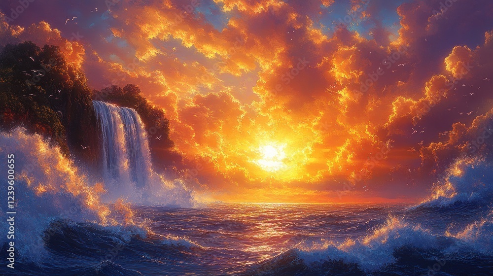 Fototapeta premium Island Waterfall Sunset Ocean Dramatic Sky Fantasy