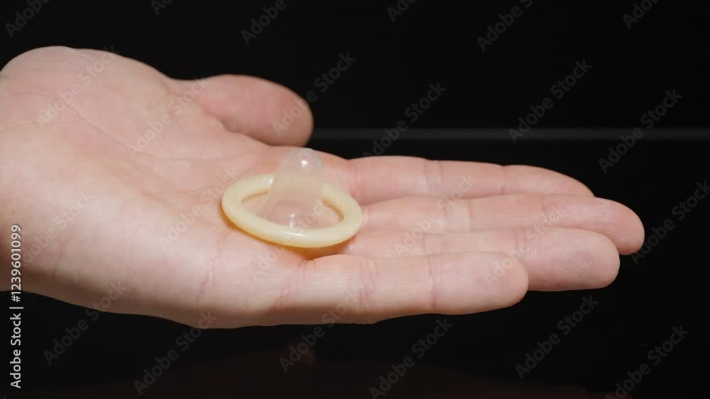 Open Hand Gently Holding and Presenting a Condom, Symbolizing Awareness and Promoting Safe Practices Open Hand Gently Holding and Presenting a Condom, Symbolizing Awareness and Promoting Safe Practices