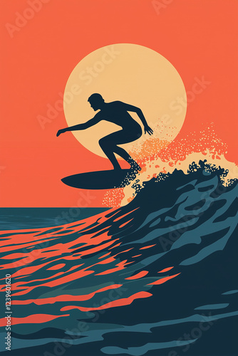 Silhouette of a surfer riding a big wave at sunset