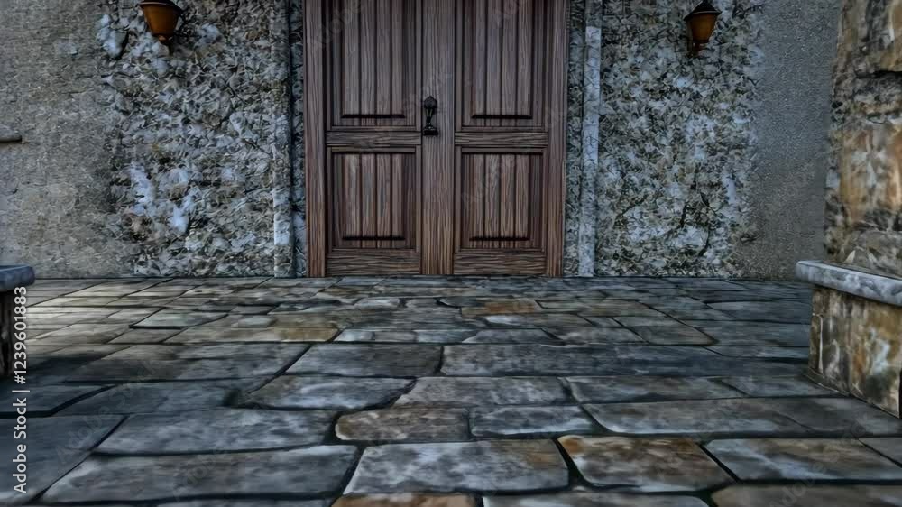 Textured stone pathway leading to wooden doors of a rustic building in a quiet setting Textured stone pathway leading to wooden doors of a rustic building in a quiet setting