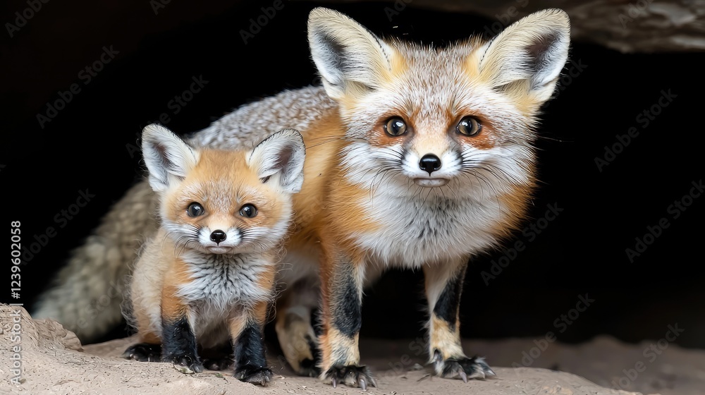 Desert fox kit and mother in den, wildlife Desert fox kit and mother in den, wildlife