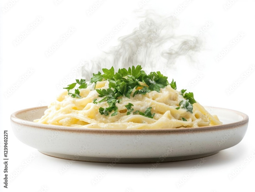 Delicious Plate of Fettuccine Alfredo with Garnish Isolated on White Background for Food Menu Design Delicious Plate of Fettuccine Alfredo with Garnish Isolated on White Background for Food Menu Design