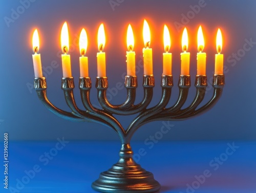 A traditional Jewish menorah with lit candles, often used for Hanukkah celebrations or as a symbol of faith and tradition.