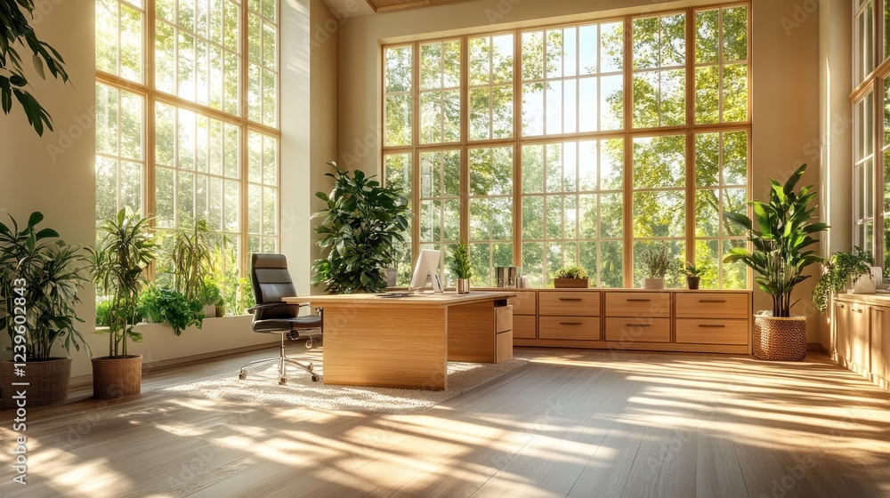 Fototapeta premium Sunlit office, wood desk, plants, large windows, forest view, home workspace
