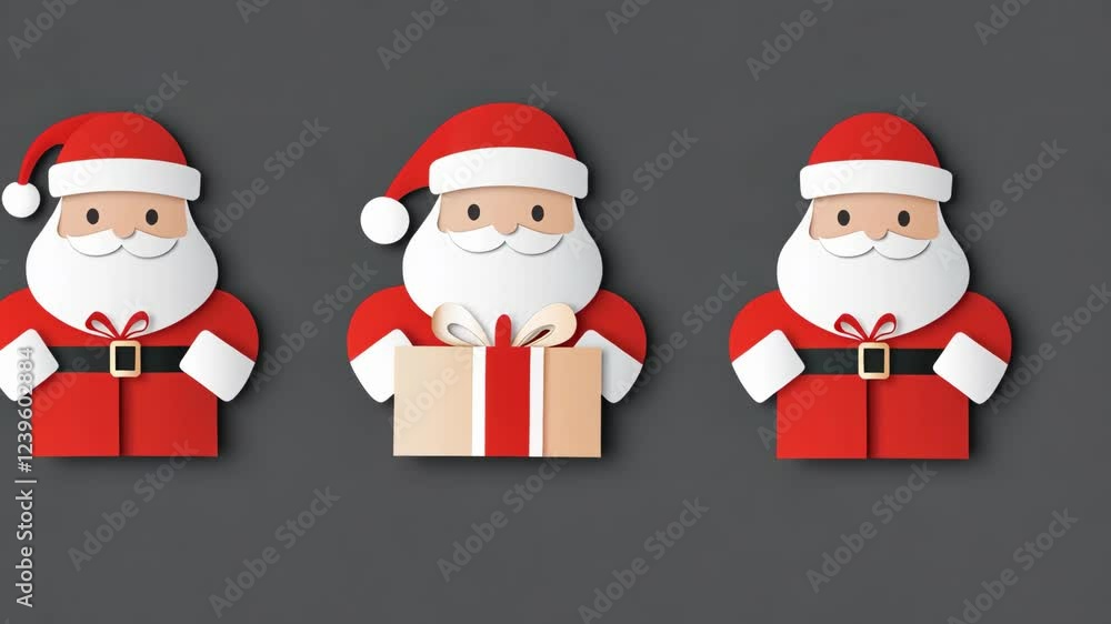 Festive Santa decorations with gifts displayed on a gray background for holiday cheer Festive Santa decorations with gifts displayed on a gray background for holiday cheer