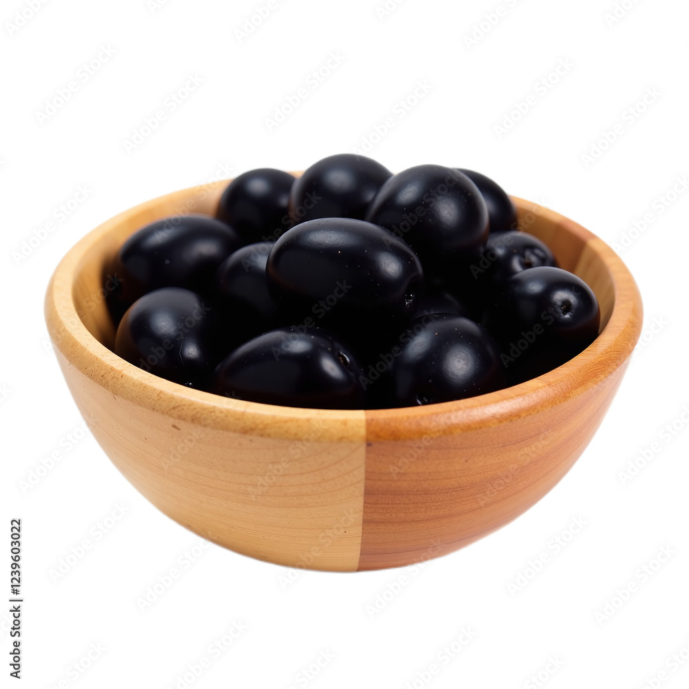 Closeup of a wooden bowl filled with shiny black olives against a black background. Closeup of a wooden bowl filled with shiny black olives against a black background.