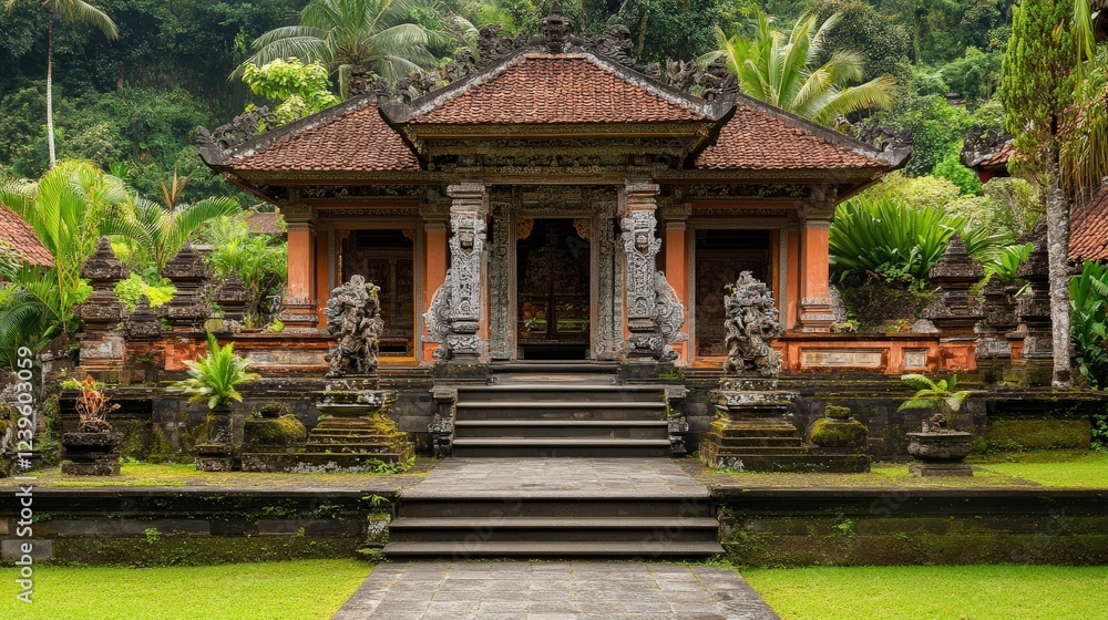 A Balinese style temple house with intricate stone carvings and tropical gardens A Balinese style temple house with intricate stone carvings and tropical gardens