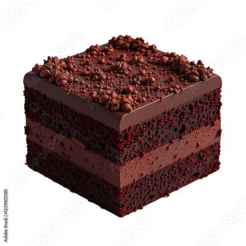 Close-up image of a luxurious, layered chocolate cake with chocolate chips and ganache. photo