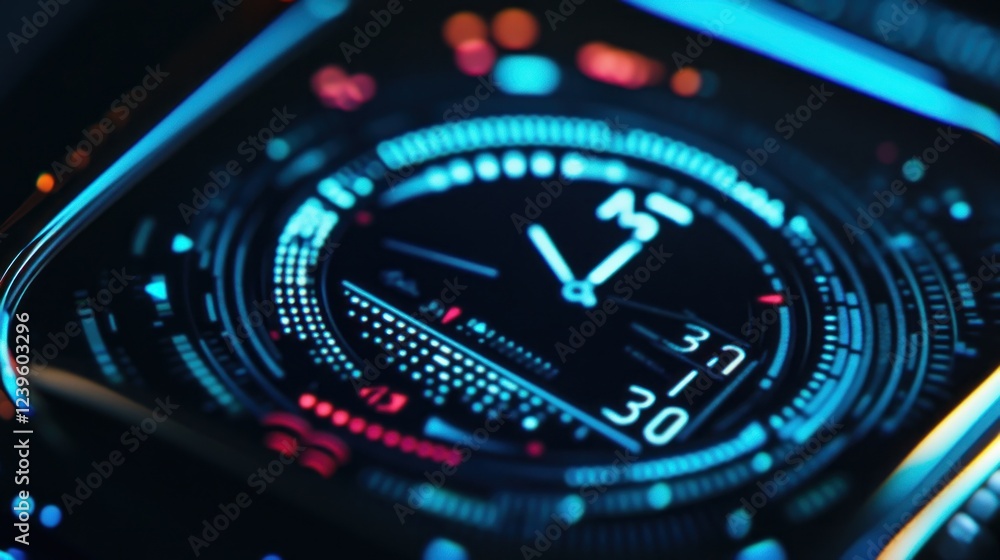 Futuristic time display with digital clock and glowing interface elements Futuristic time display with digital clock and glowing interface elements