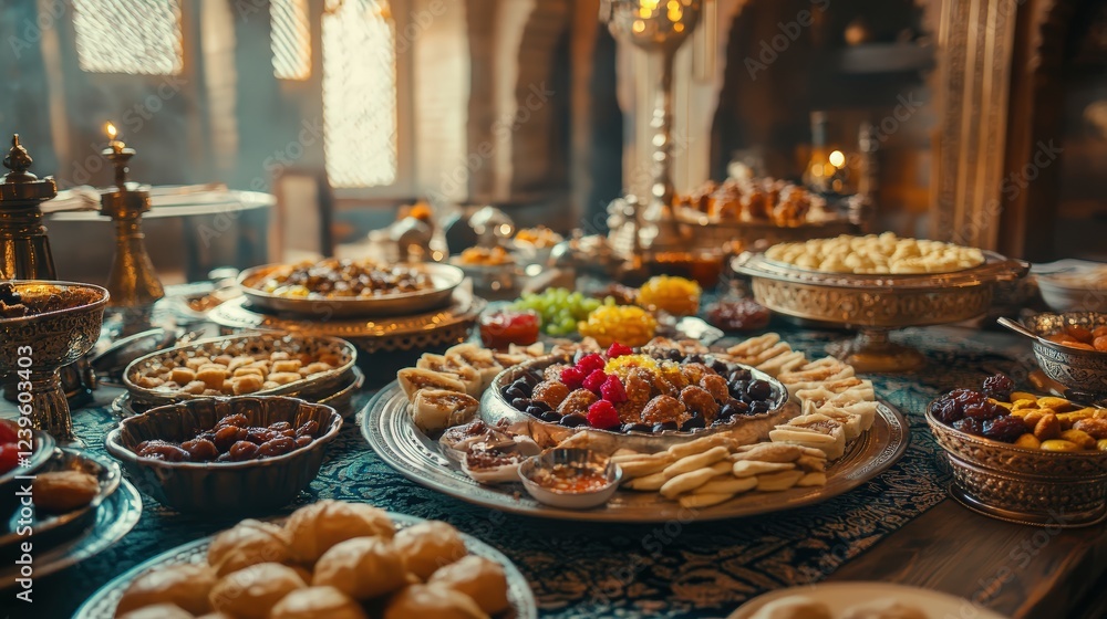 A beautifully decorated table filled with traditional Eid dishes, sweets, and dates, ready for the Ramadan Bayram celebration