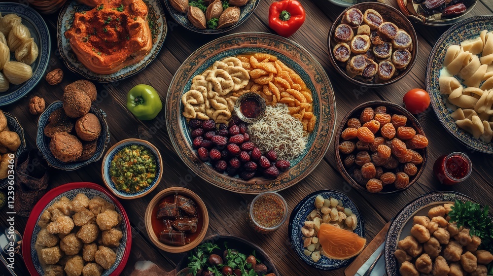 A beautifully decorated table filled with traditional Eid dishes, sweets, and dates, ready for the Ramadan Bayram celebration A beautifully decorated table filled with traditional Eid dishes, sweets, and dates, ready for the Ramadan Bayram celebration