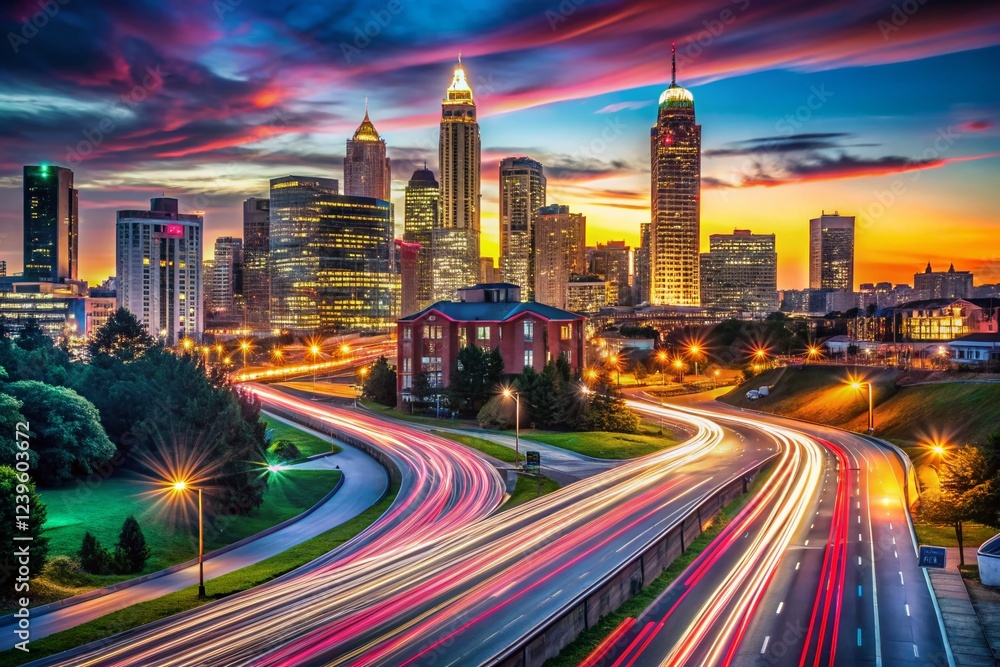 Obraz premium Atlanta Night Skyline, Georgia Cityscape, Illuminated Buildings, Urban Night Photography, Southern Charm