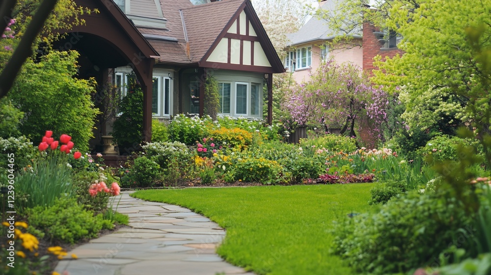 Charming Suburban Home with Lush Garden and Inviting Stone Pathway Charming Suburban Home with Lush Garden and Inviting Stone Pathway