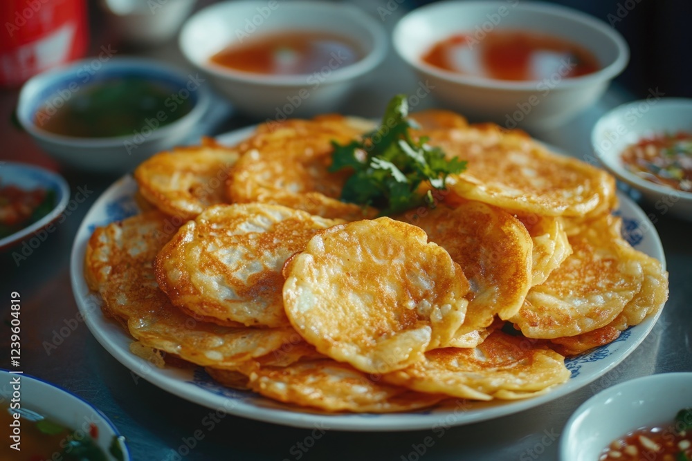 Various fried pancake snacks on a plate, accompanied by side sauces for an Indian-style meal. Various fried pancake snacks on a plate, accompanied by side sauces for an Indian-style meal.