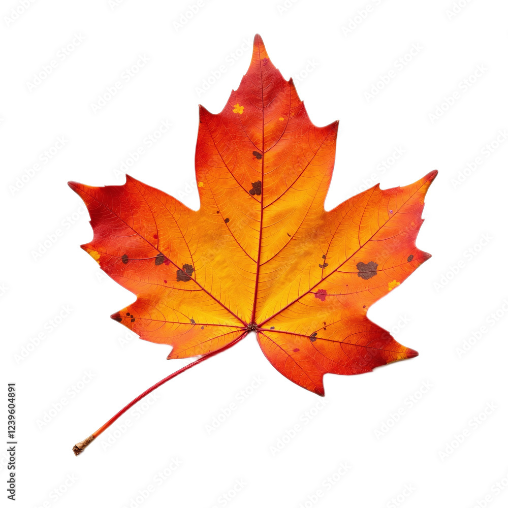 Fototapeta premium Single vibrant autumn maple leaf isolated on black background.
