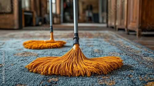 Wallpaper Mural Close Up of Yellow Mops Cleaning a Blue and Gray Carpet in a Vintage Room Torontodigital.ca