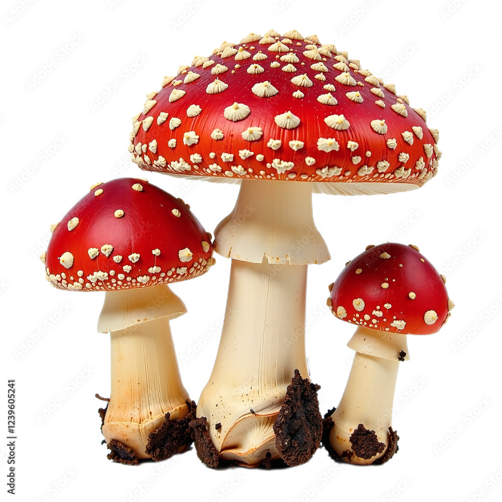 Obraz premium Close-up image of three Amanita muscaria mushrooms against a black background.