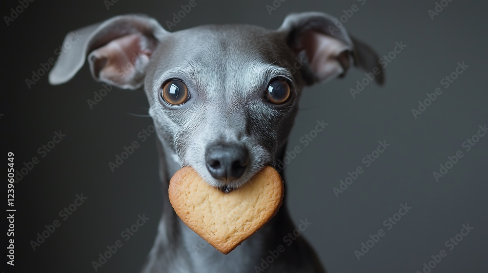A cute Italian Greyhound holding a heart-shaped cookie in its mouth, exuding charm and playfulness. A cute Italian Greyhound holding a heart-shaped cookie in its mouth, exuding charm and playfulness.