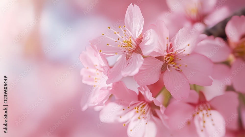 A close-up of delicate cherry blossoms in full bloom, representing renewal and feminine beauty A close-up of delicate cherry blossoms in full bloom, representing renewal and feminine beauty