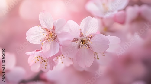A close-up of delicate cherry blossoms in full bloom, representing renewal and feminine beauty