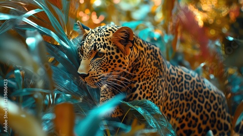 The image features a jaguar, a large felid known for its rosette pattern on the fur and golden eyes, resting amidst tropical foliage.