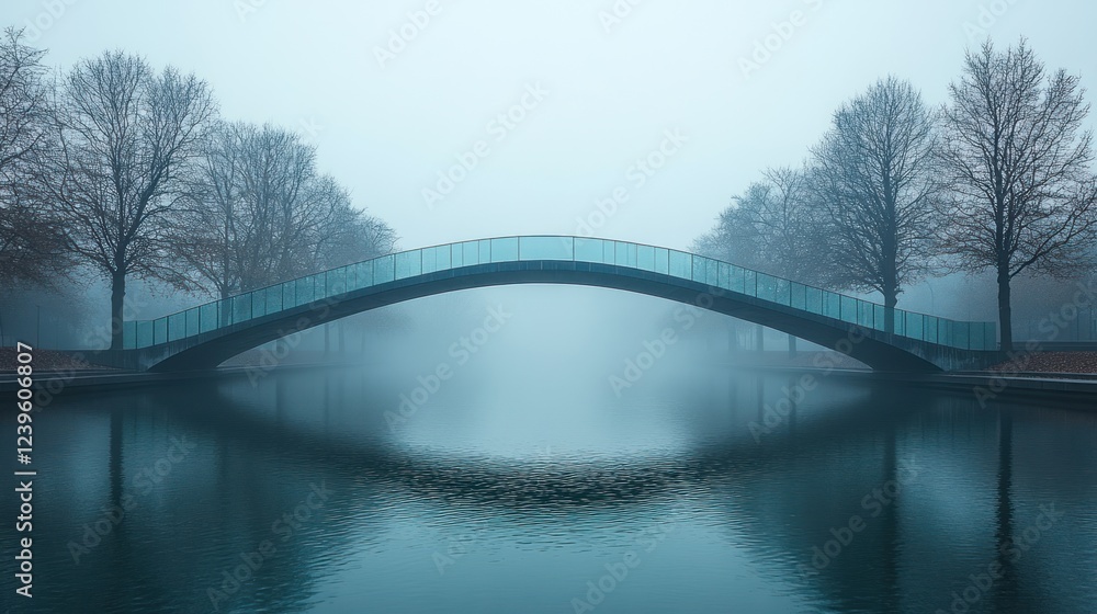 Obraz premium Foggy bridge reflection, winter park, tranquil scene, serene